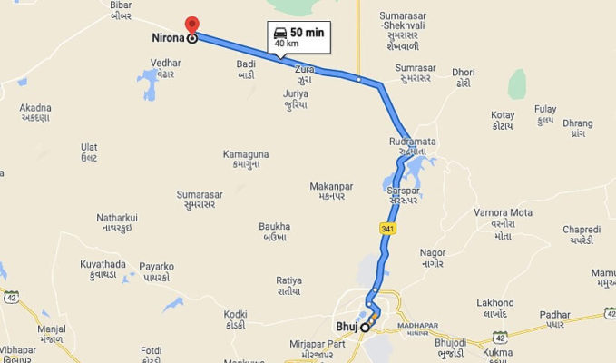Bhuj to Nirona Village Route Map